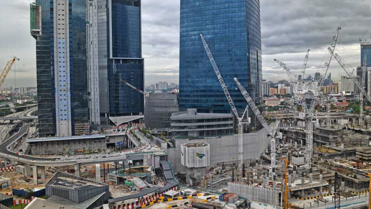 A view capturing the vibrant construction progress at the Tun Razak Exchange (TRX), Malaysia's premier financial district.